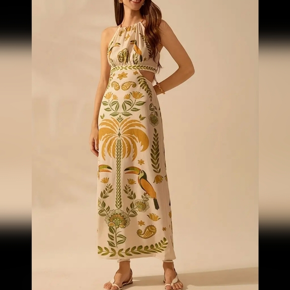 Source Unknown Dresses & Skirts - Green and Gold Tie Front Cut Out Maxi Dress